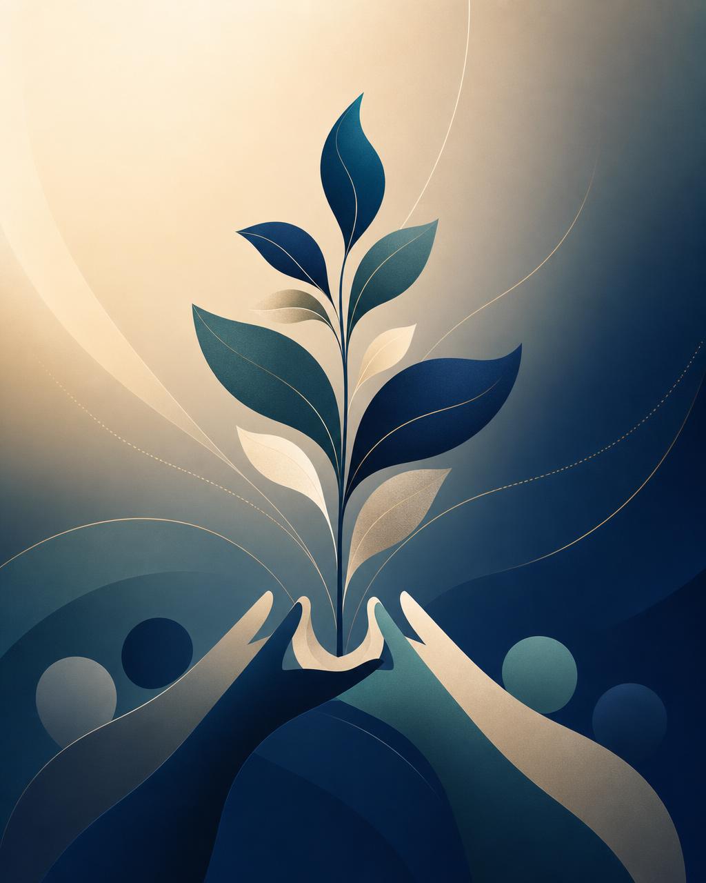 Abstract illustration of hands nurturing a growing plant, symbolizing team support and growth